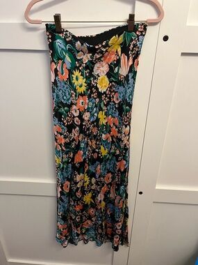 Anthropologie Maeve Black Floral Slip Skirt with Coral, Yellow & Green Blooms